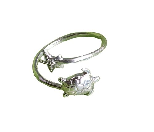 Sea Turtle and Starfish 925 Sterling Silver Adjustable Ring