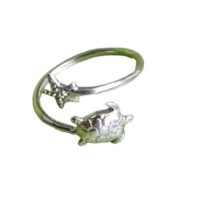 Sea Turtle and Starfish 925 Sterling Silver Adjustable Ring