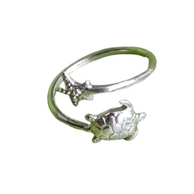Verstellbarer Ring aus 925er Sterlingsilber mit Meeresschildkröte und Seestern