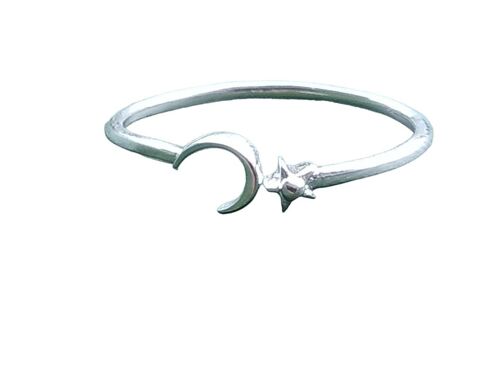 Crescent Moon and Star 925 Sterling Silver Adjustable Ring