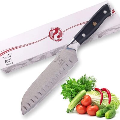KOI ARTISAN Chefs Santoku Knife - 7 Inch Damascus Japanese Knives VG10 Super Steel