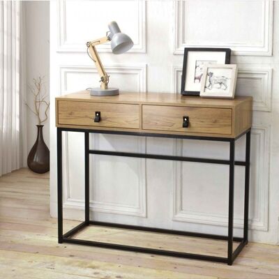Console 2 drawers with oak effect metal legs