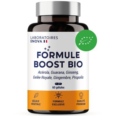 ORGANIC BOOST FORMULA | 4G: Ginseng, Royal Jelly, Guarana, Ginger + Acerola | Anti-Fatigue Food Supplement | Natural Immunity and Energy | Made in France