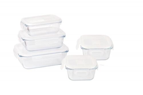 Set d'installation de 5 plats/boîtes verre/pp - 3 rectangulaires 400/650/1000 ml + 2 carrées 320/520 ml