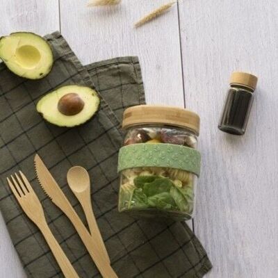 On-the-go lunch set: glass jar with silicone band & bamboo lid + small glass/bamboo jar