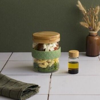 Set déjeuner nomade : bocal en verre avec bande silicone & couvercle en bambou + petit pot verre/bambou 2