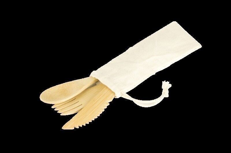 Set de 3 couverts réutilisables en bambou dans un sachet en coton