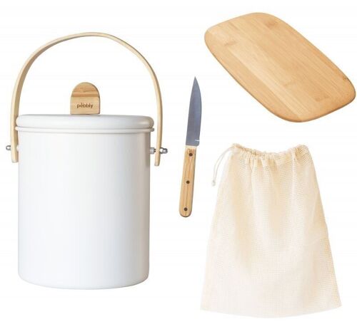 Set zéro déchet (seau à compost Ø 18 x 25 cm, 4,5 litres + planche à découper 23x15 cm + couteau d'office + sac à légumes)