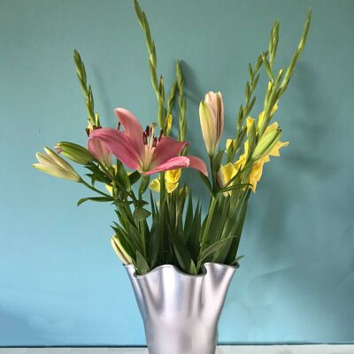 Vase en verre avec bulles ondulées, couleur argent, vase de table métallique