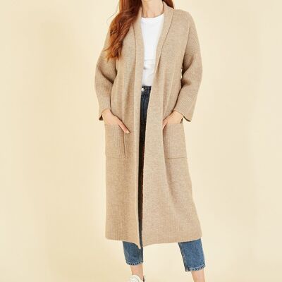 Yumi Oatmeal Knitted Maxi Cardigan With Pockets