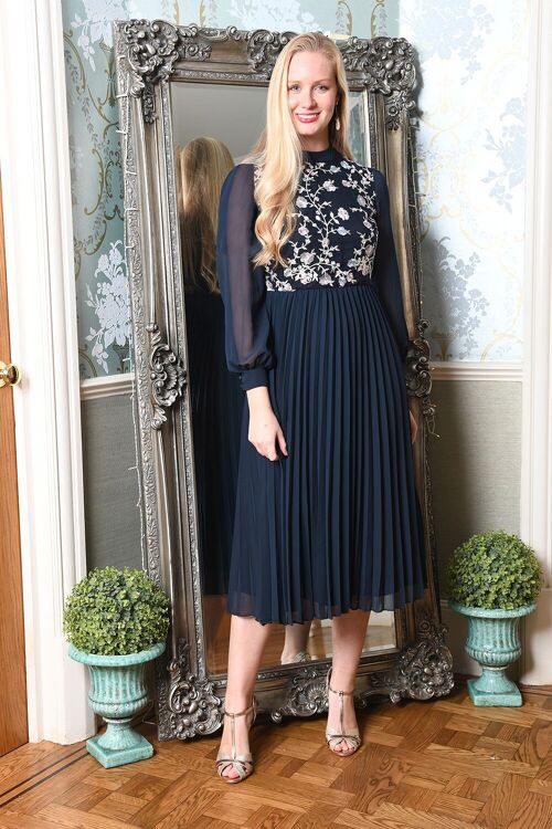 Yumi Navy Long Sleeve Embroidered Midi Dress With Pleats