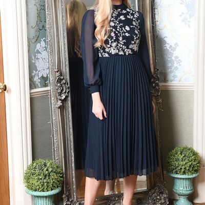 Yumi Navy Long Sleeve Embroidered Midi Dress With Pleats