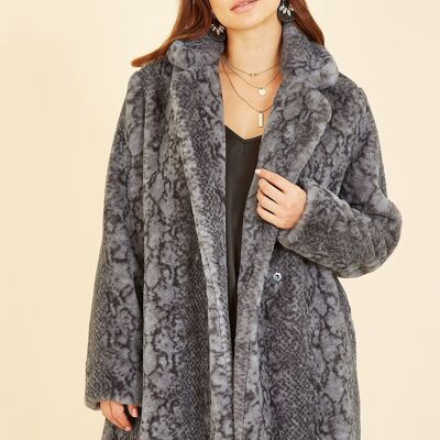 Yumi Grey Snakeskin Print Faux Fur Coat