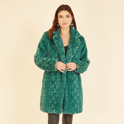 Yumi Green Snakeskin Print Faux Fur Coat