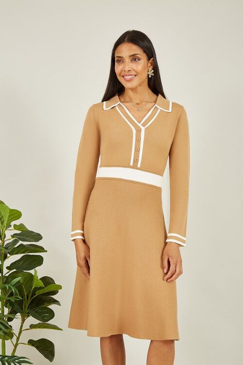 Yumi Camel Contrast Collar Knitted Dress