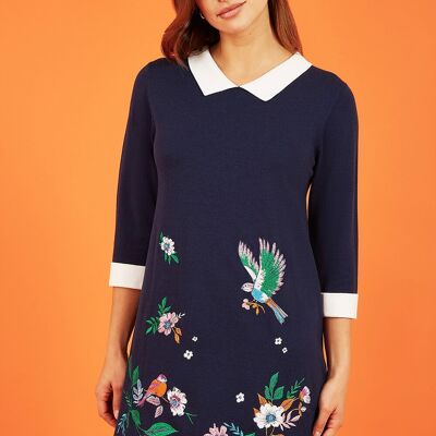 Yumi Navy Bird and Floral Embroidered Knitted Peter Pan Dress