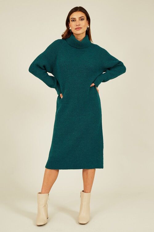 Yumi Green Roll Neck Knitted Midi Jumper Dress