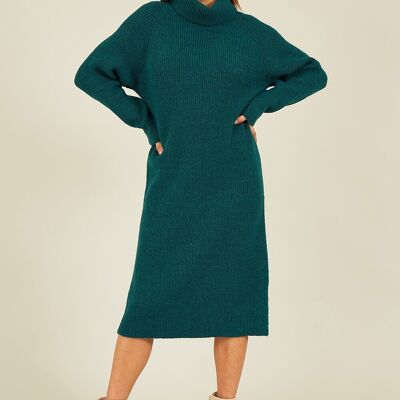 Yumi Grünes gestricktes Midi-Pulloverkleid mit Rollkragen
