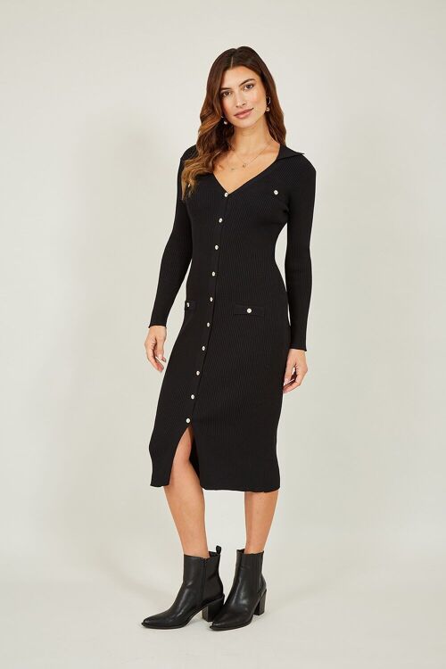 Mela Black Knitted Fitted Midi Dress With Buttons