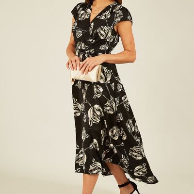 Mela Black Rose Print Dipped Hem Wrap Dress