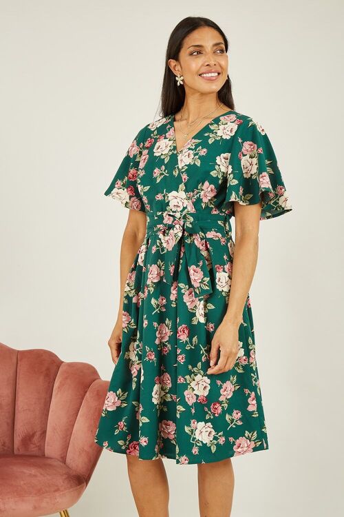 Mela Green Floral Wrap Dress With Angel Sleeve