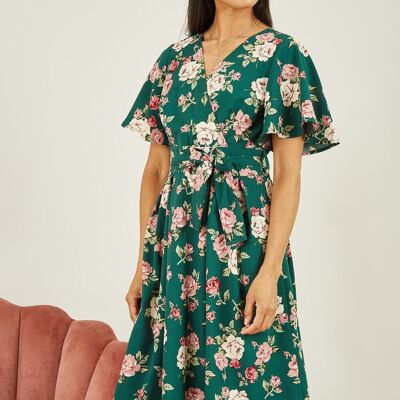 Mela Green Floral Wrap Dress With Angel Sleeve