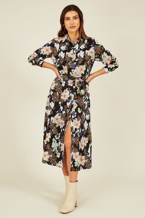 Mela Black Floral and Animal Print Long Sleeve Midi Shirt Dress