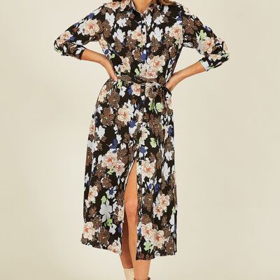 Mela Black Floral and Animal Print Long Sleeve Midi Shirt Dress