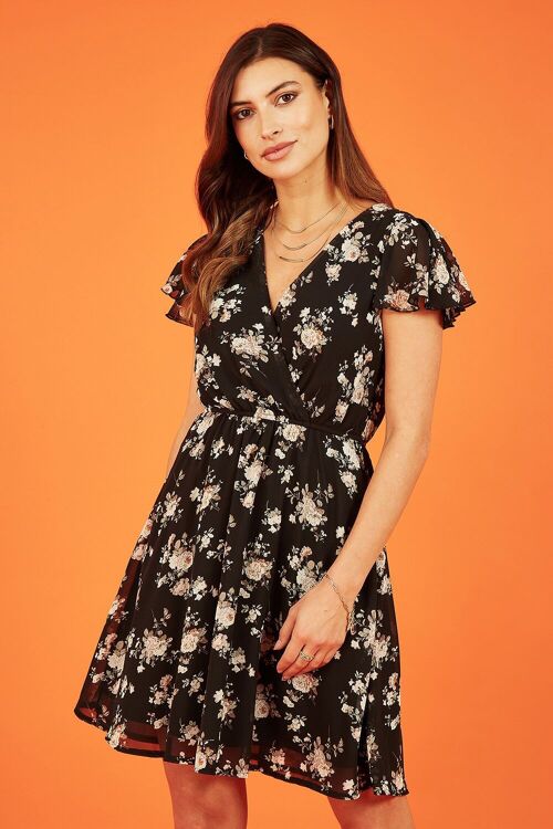 Mela Black Floral Print Wrap Over Skater Dress