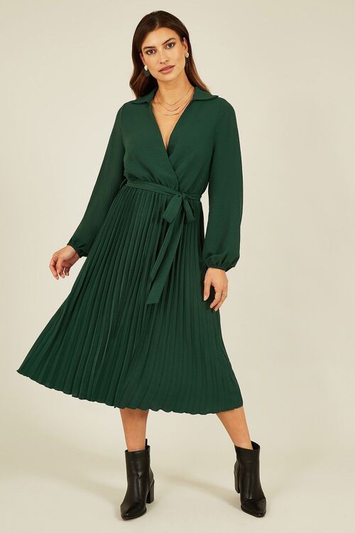 Mela Green Long Sleeve Wrap Pleated Midi Dress