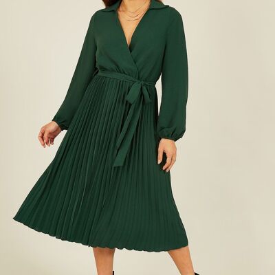 Vestido midi plisado cruzado de manga larga en verde Mela