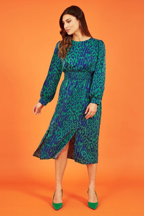 Mela Green Animal Print Long Sleeve Ruched Midi Dress