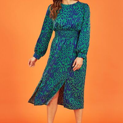 Mela Green Animal Print Long Sleeve Ruched Midi Dress