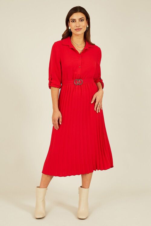 Mela Red Pleated Skirt Midi Dress With Gold Buckle