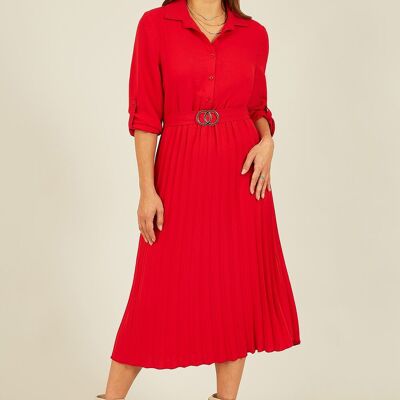 Mela Red Pleated Skirt Midi Dress With Gold Buckle