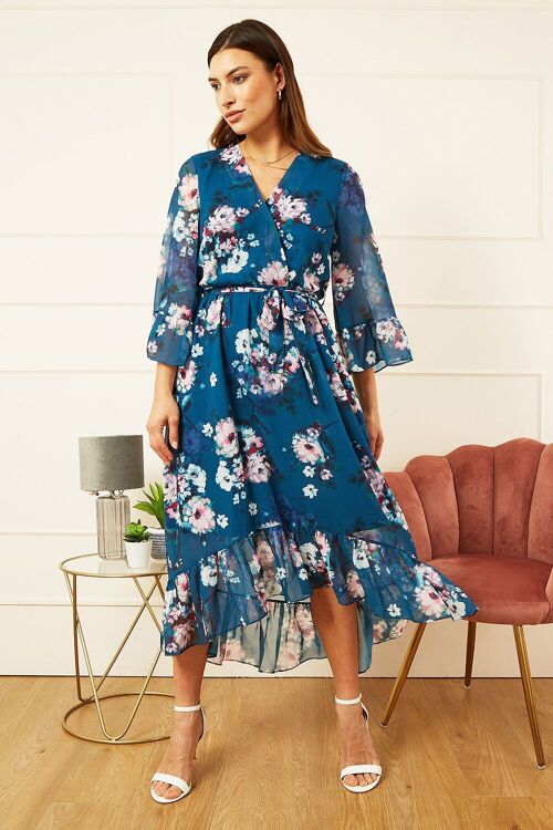 Yumi Teal Watercolour Floral Dip Hem Midi Dress