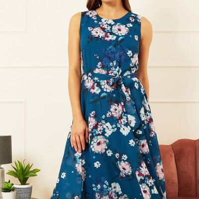 Yumi Teal Watercolour Floral Skater Dress