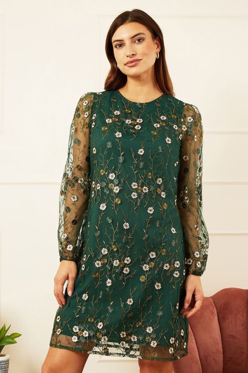 Yumi Green Embroidered Floral Tunic Dress