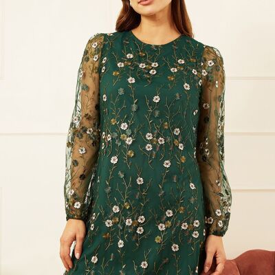 Robe tunique florale brodée verte Yumi