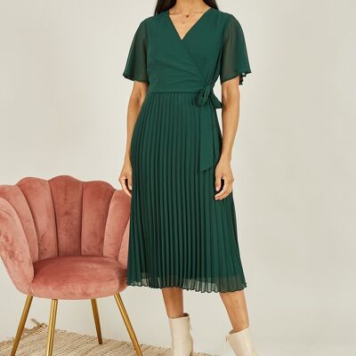 Yumi Green Pleated Wrap Over Midi Dress