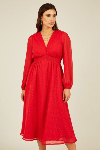 Robe mi-longue à manches longues Yumi rouge métallisé Dobby 1