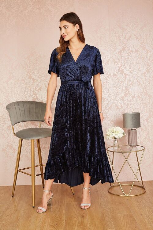 Yumi Navy Velvet Wrap Over Angel Sleeve Midi Dress