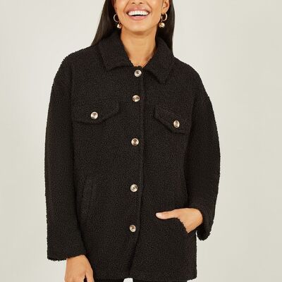 Yumi – Schwarze Teddybär-Jacke mit durchgehender Knopfleiste