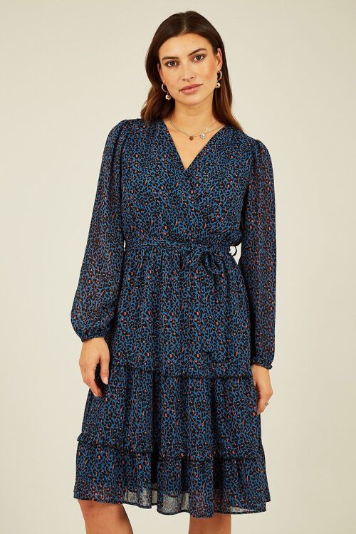 Mela Blue Animal Print Wrap Midi Dress