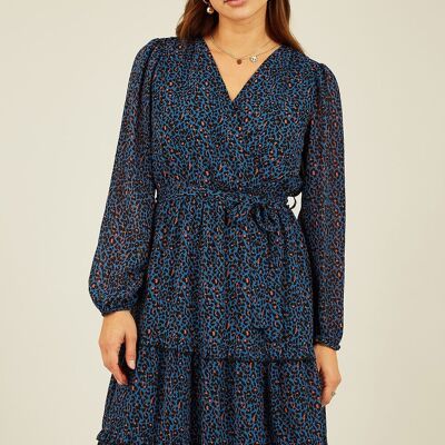 Robe midi portefeuille Mela bleue à imprimé animal