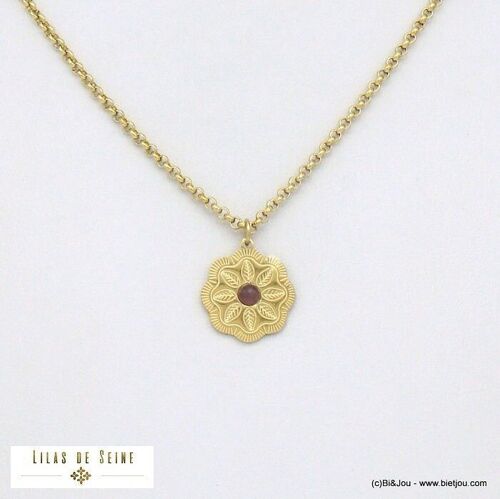 collier pendentif fleur cabochon pierre acier inox 0121509