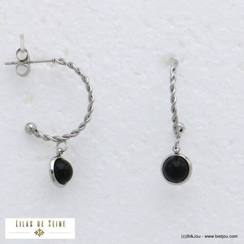 demi-créoles torsadées cabochon pierre acier 0321513