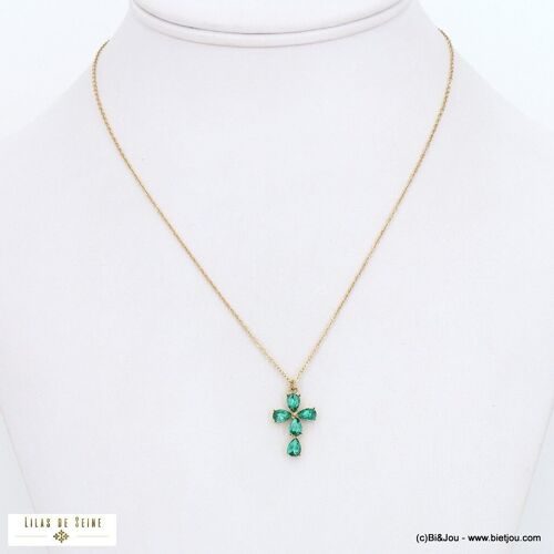 Collier chaîne acier inox talisman croix cristaux 0122545