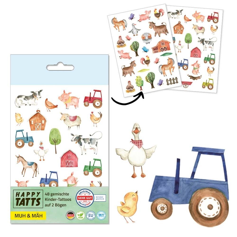 HAPPY TATTS, tatuaggi per bambini "Moo & Mäh" / Fattoria e animali (48 pz.)