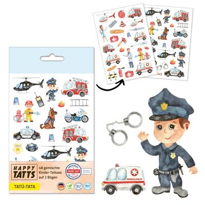 HAPPY TATTS, tatuaggi per bambini “Tatü-Tata” / Emergenza (vigili del fuoco, polizia, ambulanza) (48 pz.)